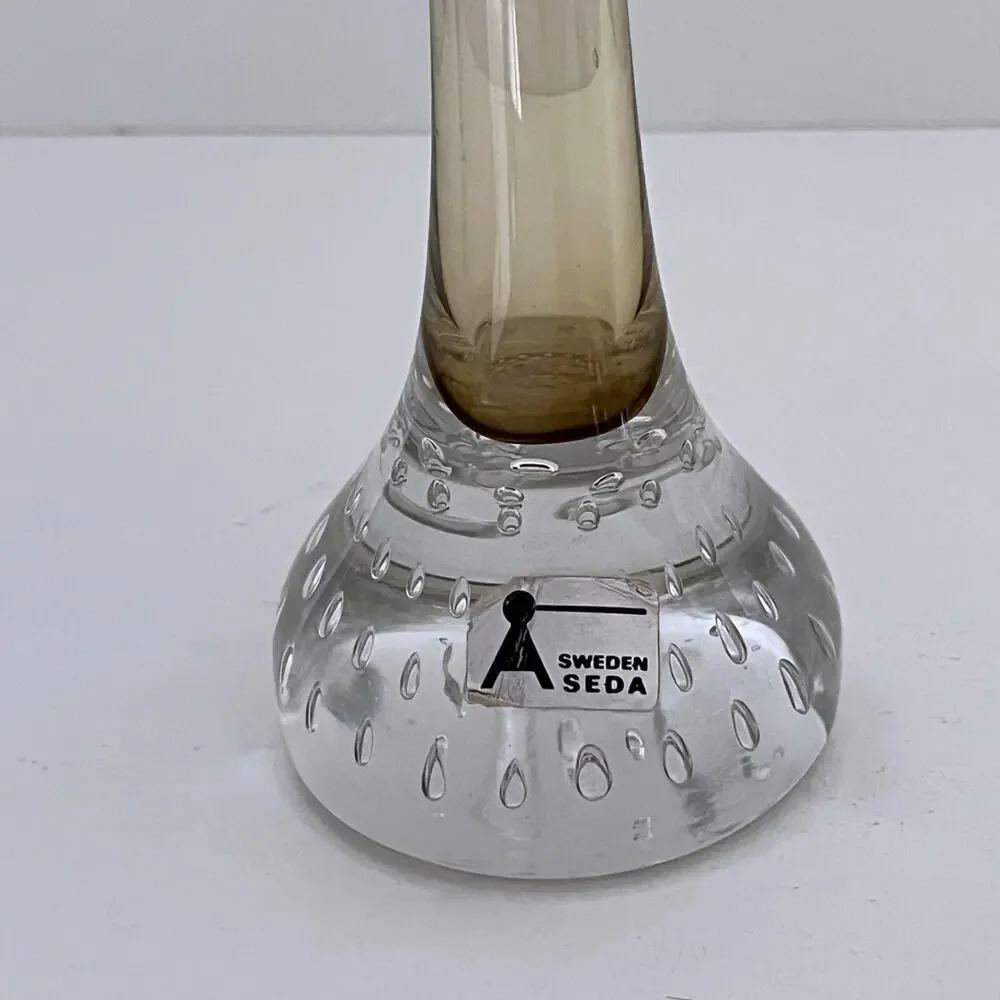 Aseda Glasbruk Sweden Amber Art Glass Vase with Controlled Bubbles Base Vintage